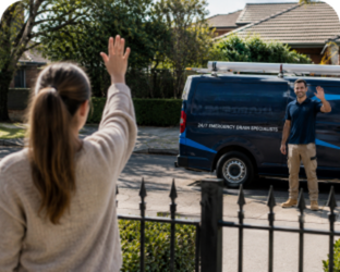 Customer waving goodbye to a Annangrove Blocked Drains plumber